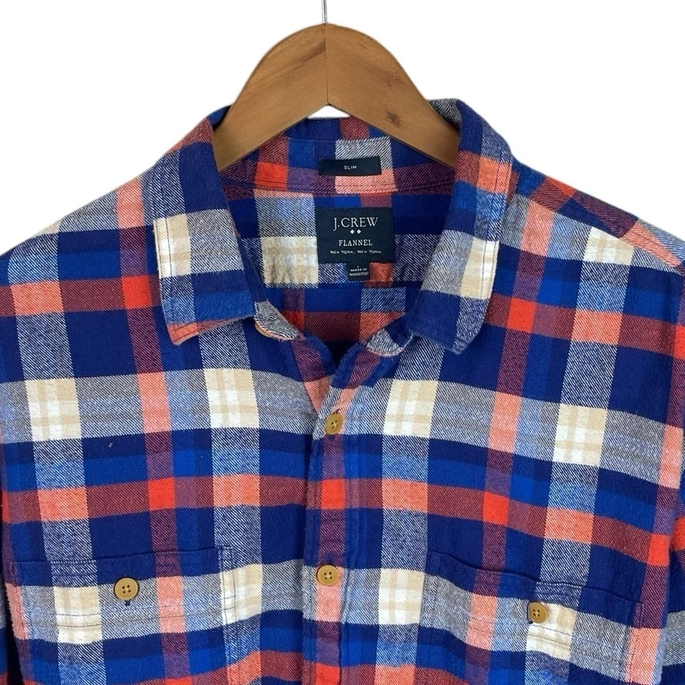 BF253 men’s J. Crew slim fit plaid flannel lumberjack, button-down shirt, L
